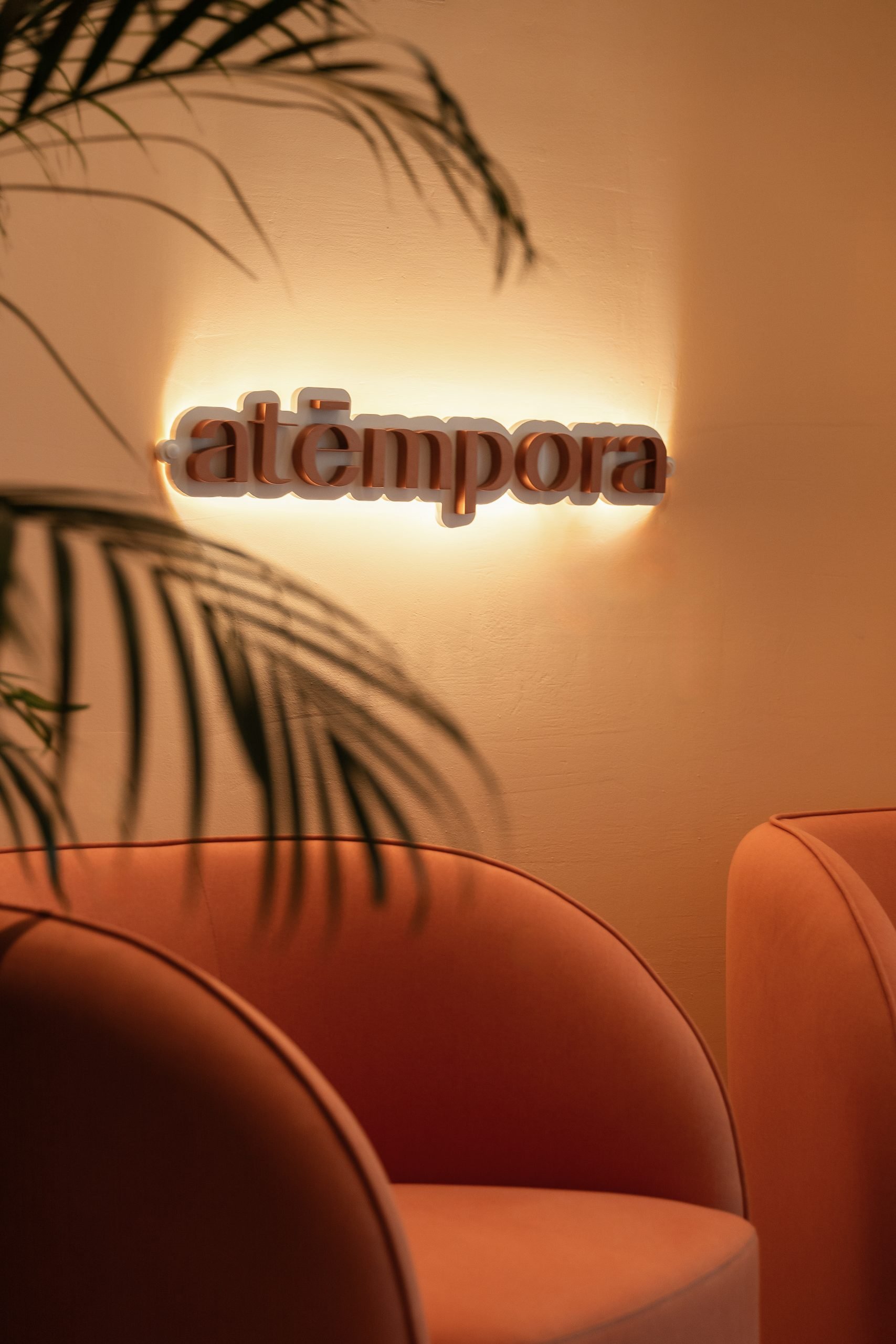 Rótulo iluminado y butaca entre palmeras — Atempora, Costa del Sol. Fotografía de Pedro Jaén