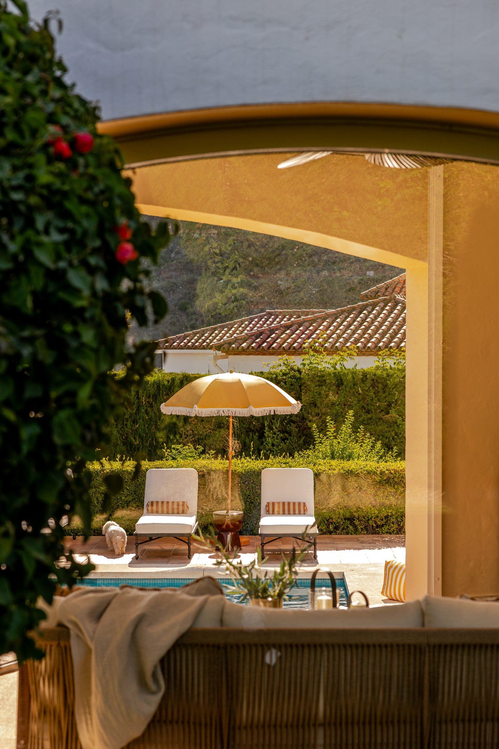 Vista de la piscina bajo arco y vegetación — Deco Caroline, Costa del Sol. Fotografía de Pedro Jaén