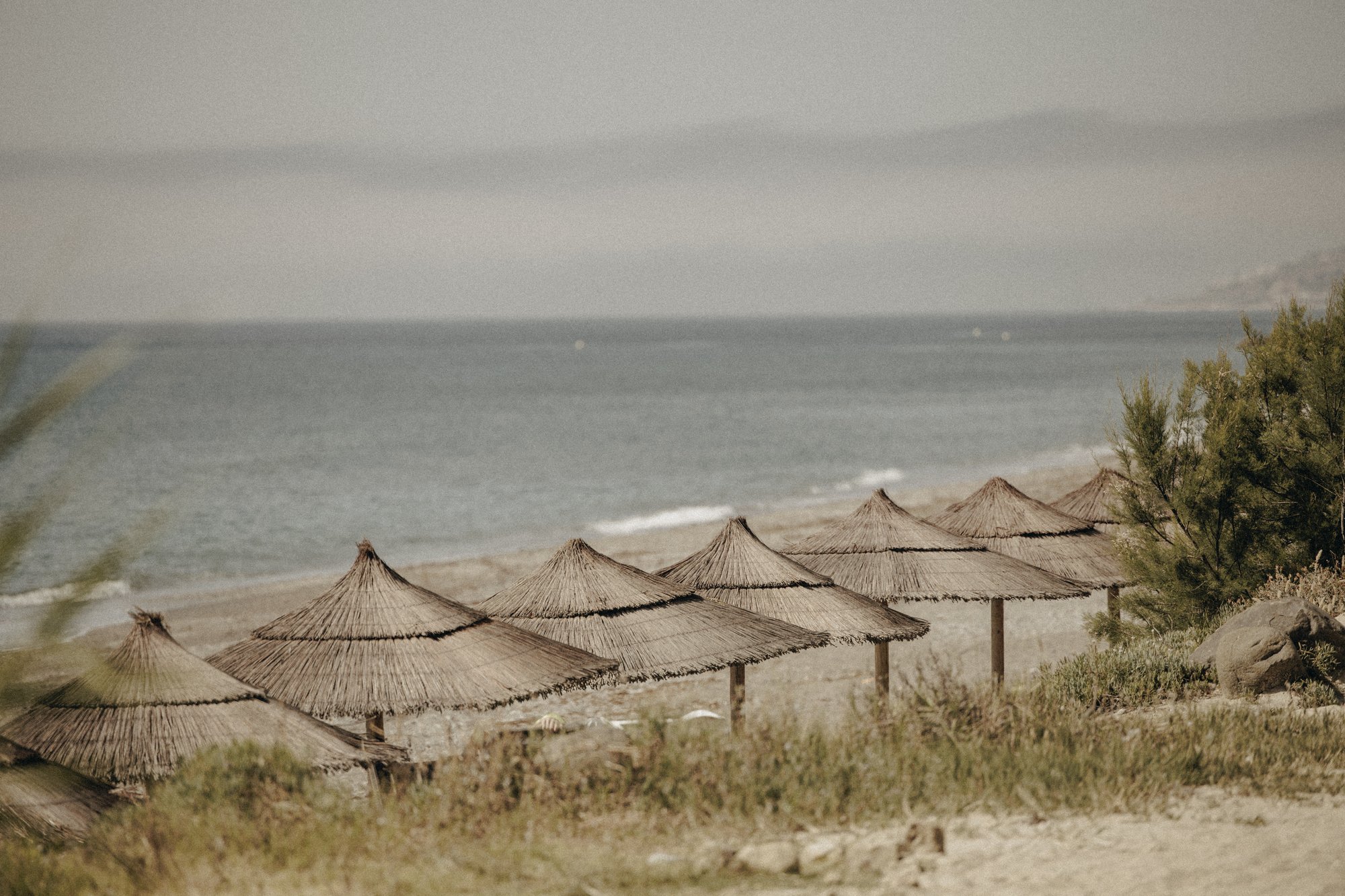 Sombrillas de brezo en la playa frente al mar — Nido, Marbella. Fotografía de Pedro Jaén